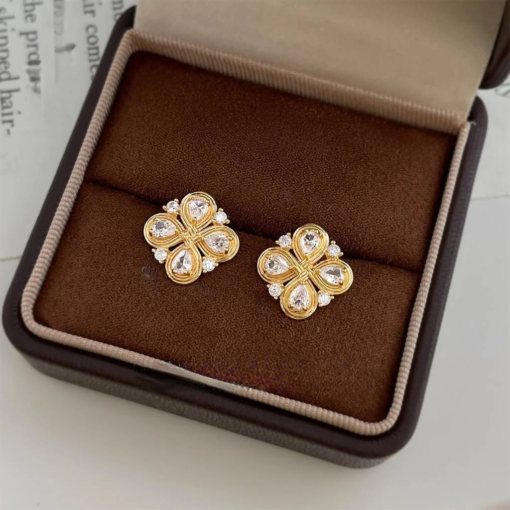 Vintage Chinese Knot Flower Geometric Zircon Copper Stud Earrings