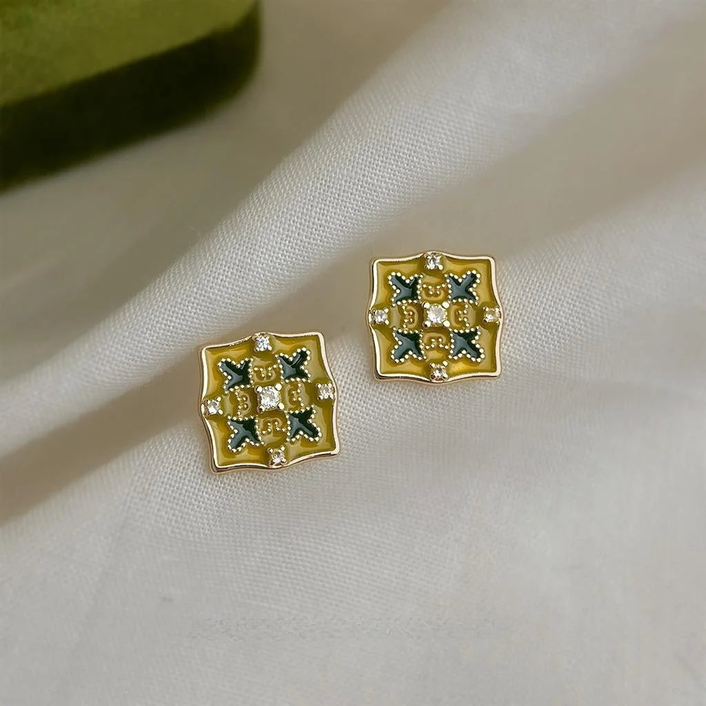 Light Luxury Copper Enamel Geometric Flower Stud Earrings With Zircon And Silver Plated Pins