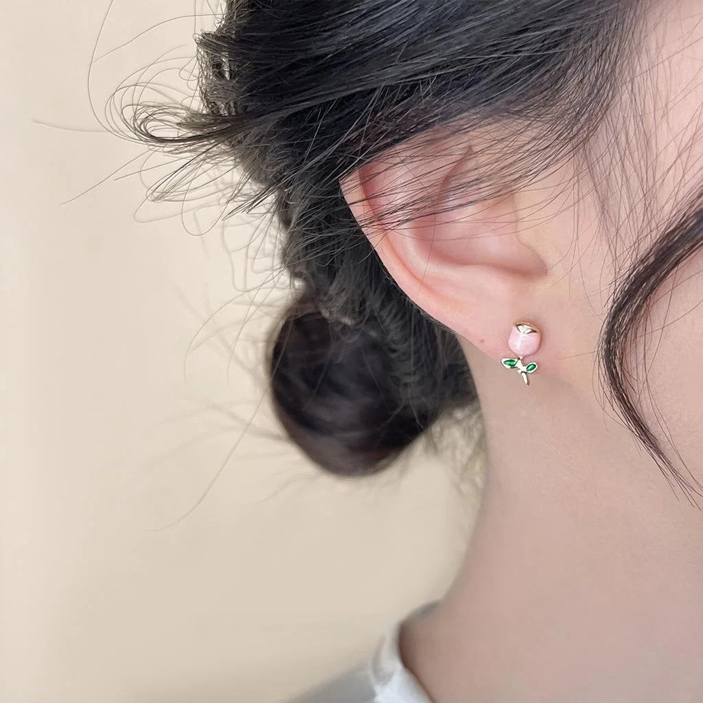 Sweet Pink Tulip Enamel Copper Stud Earrings Cute Minimalist Floral Jewelry for Women