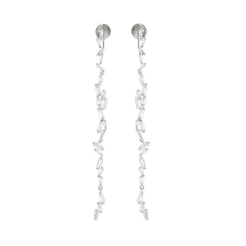 Elegant Trapezoid Crystal Rhinestone Tassel Long Drop Stud & Clip On No Piercing Wedding Earrings