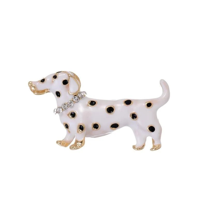 Cute Spotted Dachshund Dog Enamel Brooch With Rhinestone Collar, Elegant Lapel Pin Corsage Gift