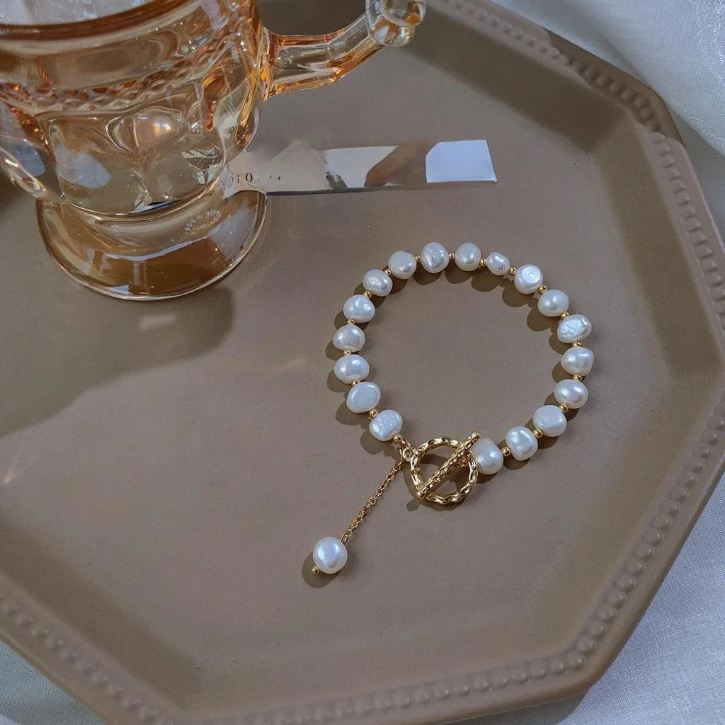 14K Gold Plated Irregular Baroque Natural Freshwater Pearl Vintage Geometric Bracelet