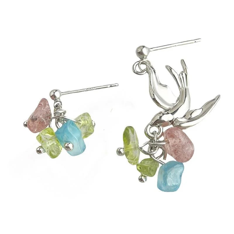 Forest Style Natural Strawberry Quartz Asymmetric Bird Drop Earrings Original Jewelry