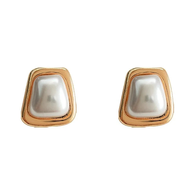 Luxury Geometric Square Pearl Stud Earrings Silver Plated Copper French Minimalist Jewelry