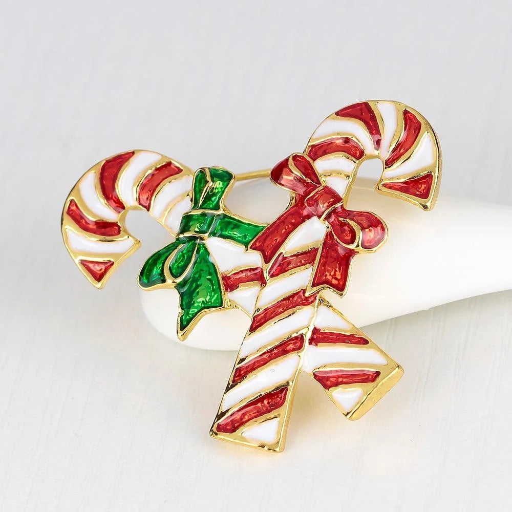 Cute Christmas Candy Cane Enamel Brooch With Red Green Bows, Gold Tone Alloy Lapel Pin Corsage Gift