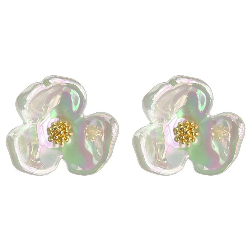 Sweet Iridescent Resin Iris Flower Stud Earrings Gradient Holographic AB Floral Jewelry