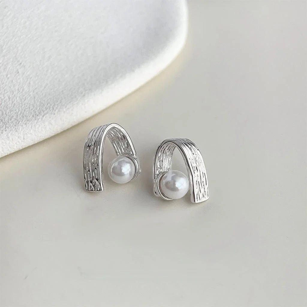 Niche Designer Geometric Textured Copper Glass Pearl Drop Earrings For Women Ring Line Fashion Jewelry