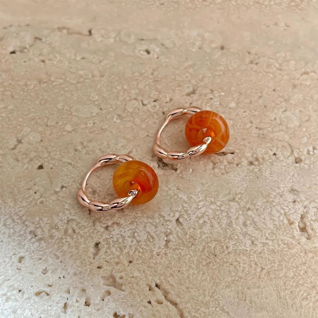 Rose Gold Plated Copper Natural Stone Stud Earrings French Vintage Round Tiger Eye Red Agate