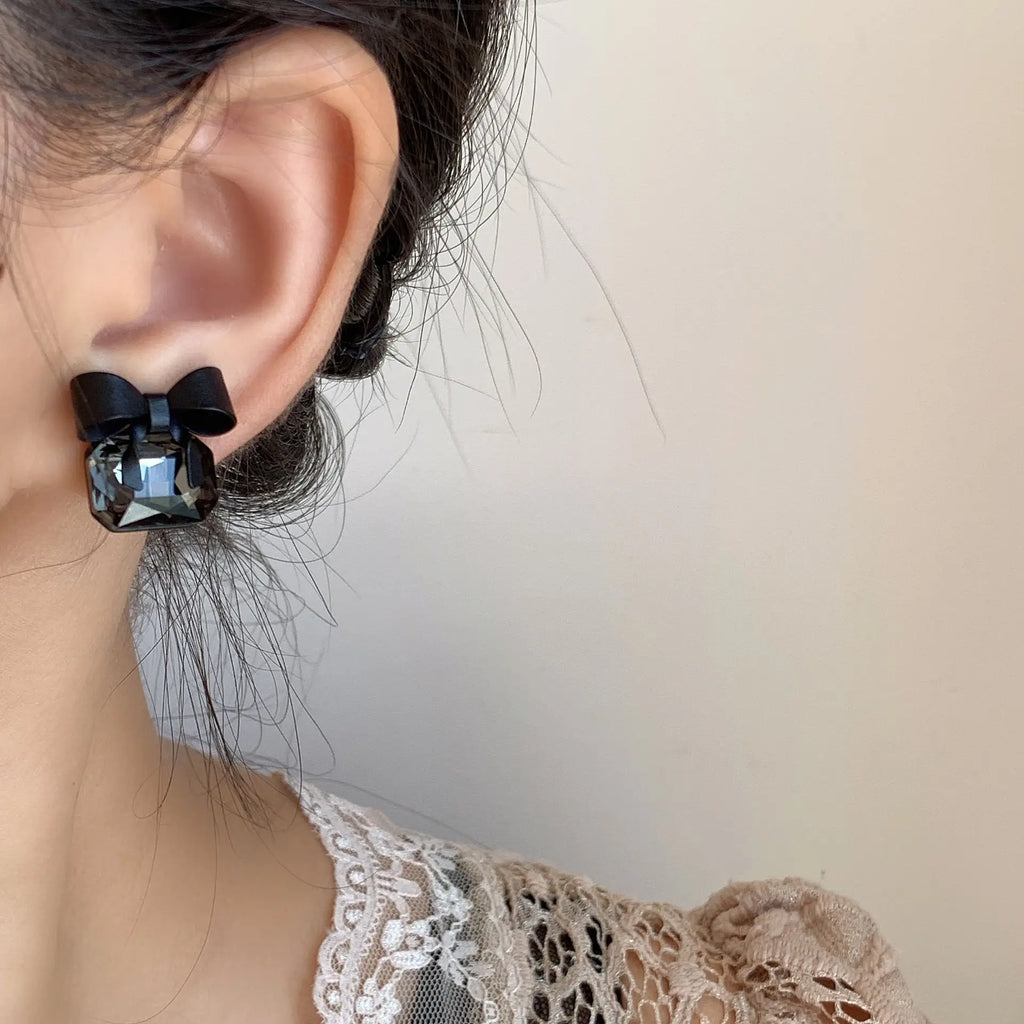 Black Bow Square Crystal Alloy Stud & Clip On No Piercing Elegant Minimalist Fashion Earrings