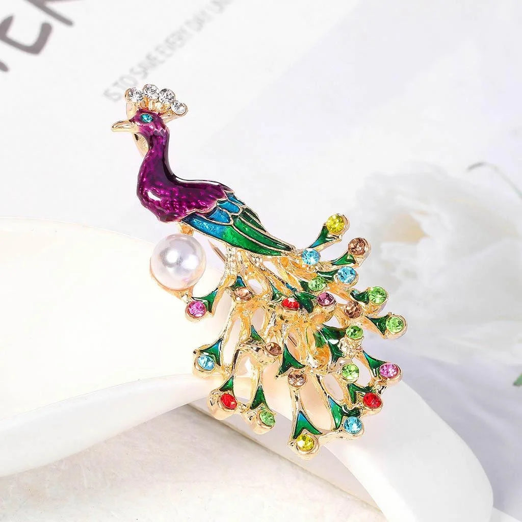 Elegant Enamel Peacock Brooch With Rhinestone And Faux Pearl, Colorful Animal Lapel Pin Gift