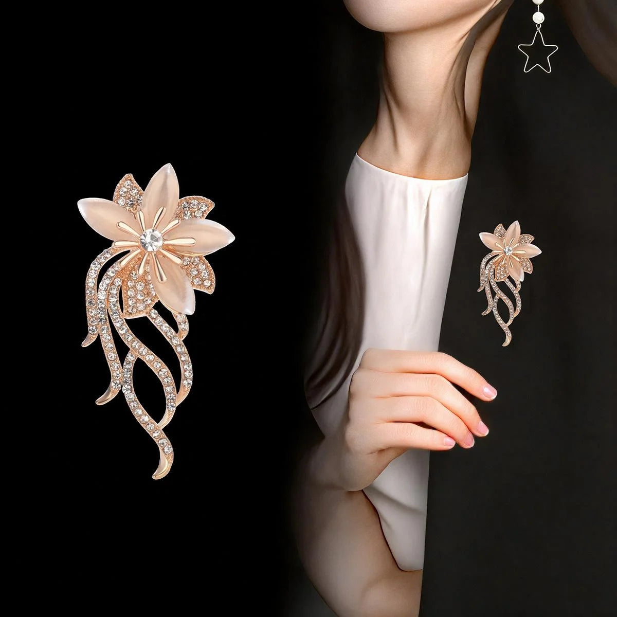 Elegant Rose Gold Alloy Orchid Flower Brooch With Cat Eye Stone And Rhinestones, Luxury Lapel Pin Corsage Gift