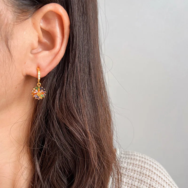 Luxury Colorful Zircon Daisy Flower Drop Stud & Clip On No Piercing Gold Alloy Spiral Hoop Earrings