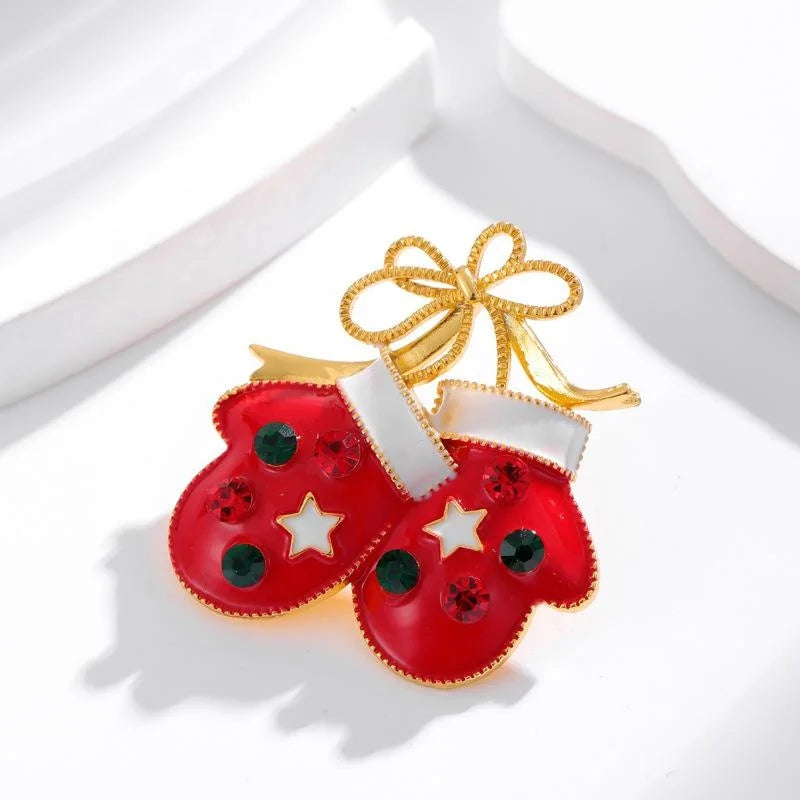 Cute Christmas Mittens Enamel Rhinestone Alloy Brooch, Elegant Women's Lapel Pin Corsage Gift