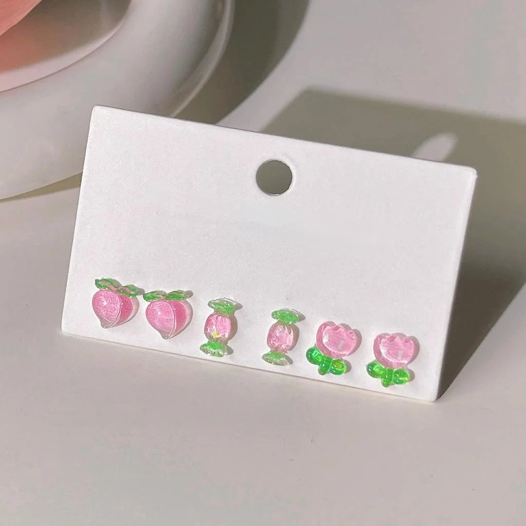 Sweet Peach Resin Mini Stud Earrings 3 Piece Silver Plated Pin Cute Fruit Petal Jewelry