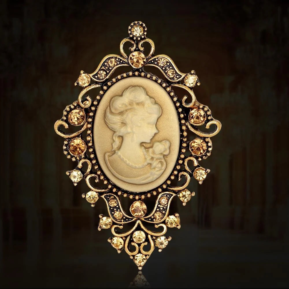 Vintage Lady Portrait Cameo Brooch With Gold Alloy Filigree Rhinestone Crystal Lapel Pin Suit Accessory Gift