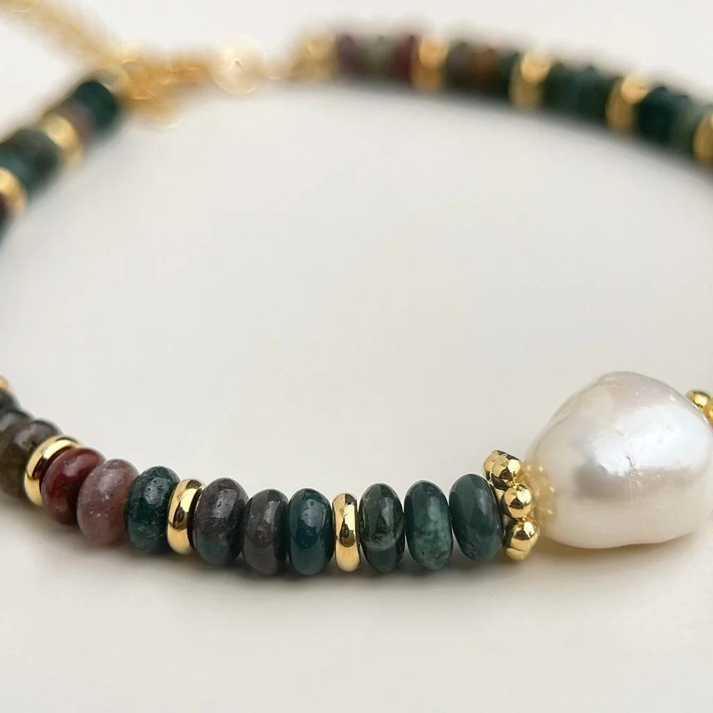 Natural Stone Indian Agate Freshwater Pearl Handmade Ethnic Vintage Geometric Bracelet