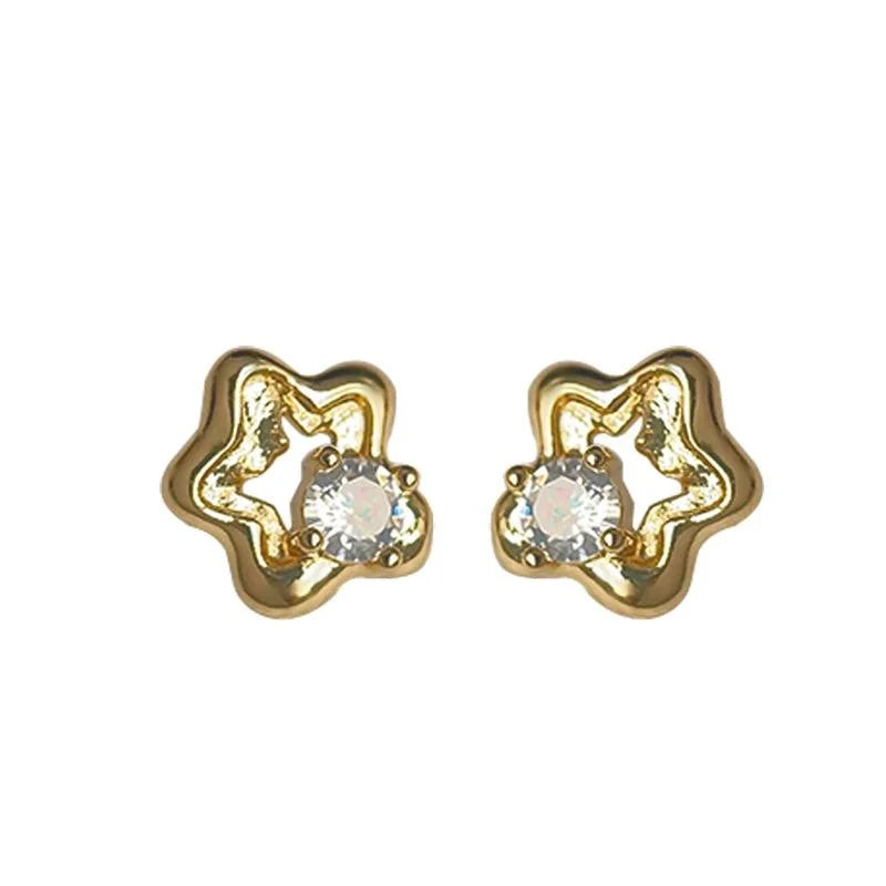Light Luxury Micro Pave Zircon Mini Hollow Flower Copper Stud Earrings