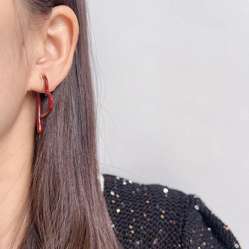 Elegant Burgundy Red Enamel Heart Spiral Hoop Alloy Stud & Clip On No Piercing Statement Drop Earrings