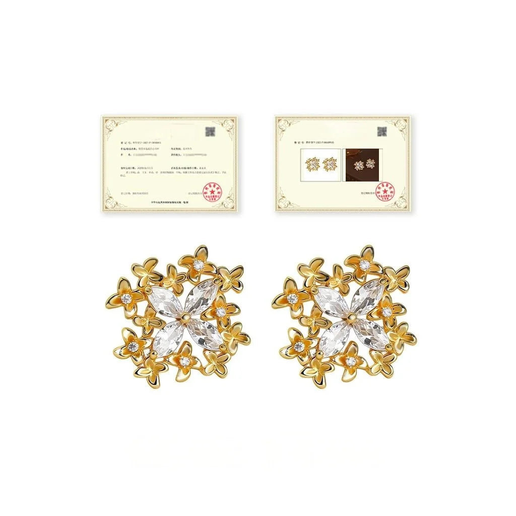 Light Luxury Zircon Inlaid Flower Petal Copper Drop Earrings