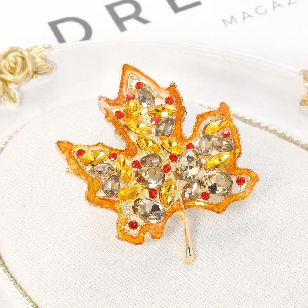 Luxury Enamel Maple Leaf Brooch With Rhinestone Crystals, Elegant Lapel Pin Corsage Suit Accessory Gift