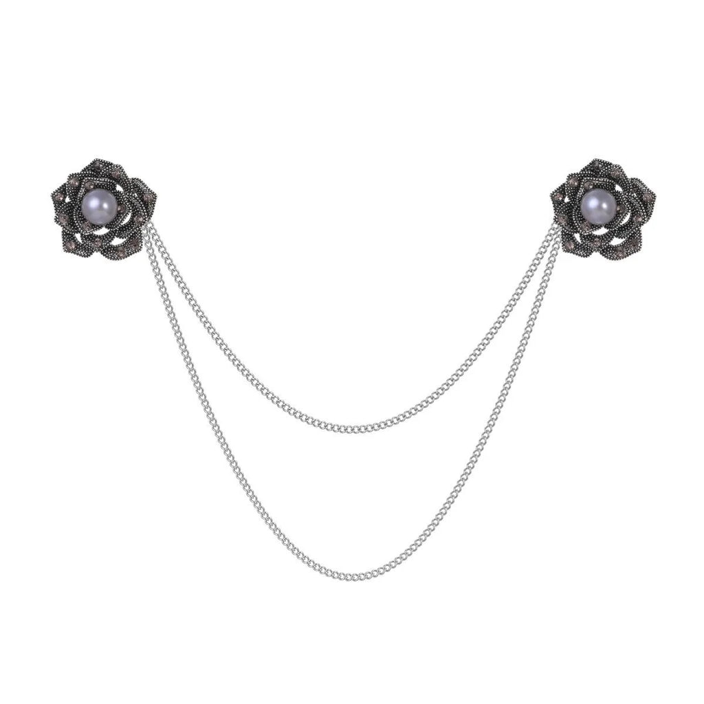 Elegant Korean Camellia Pearl Brooch With Gold Chain And Rhinestone Zircon, Women's Lapel Pin Suit Accessory