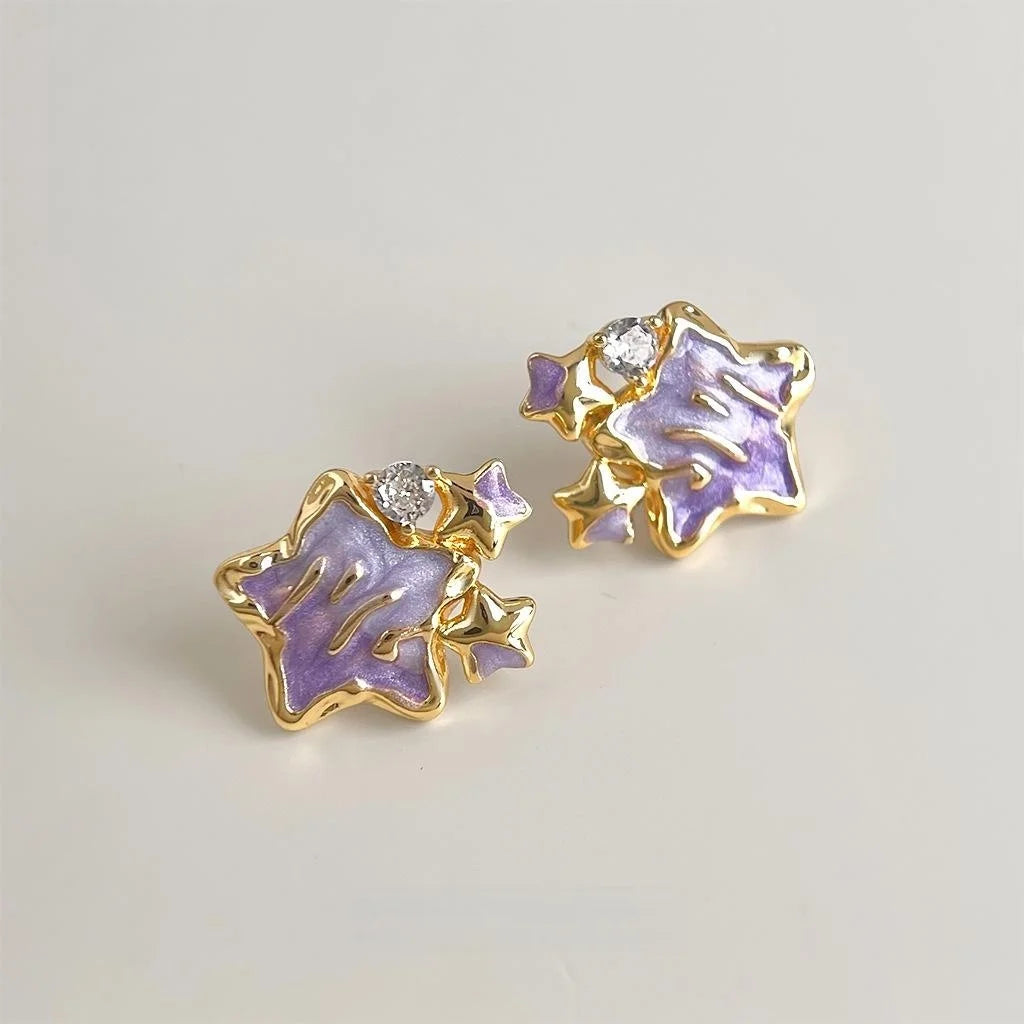 Purple Gradient Enamel Star Stud Earrings With Zircon Inlay Sweet Girl Copper Jewelry