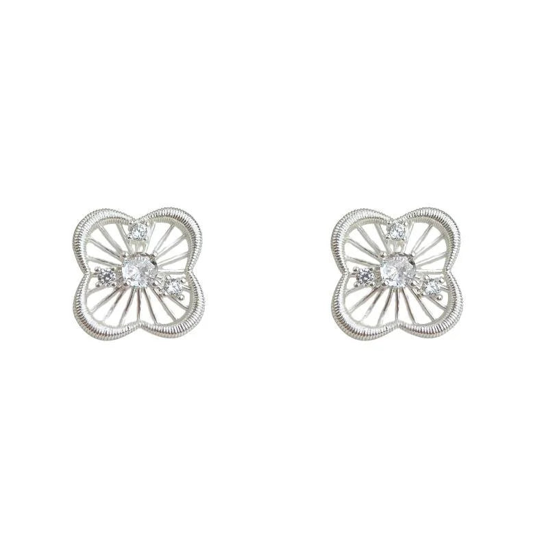Light Luxury Micro Pave Zircon Copper 3D Hollow Flower Stud Earrings With Silver Plated Pins