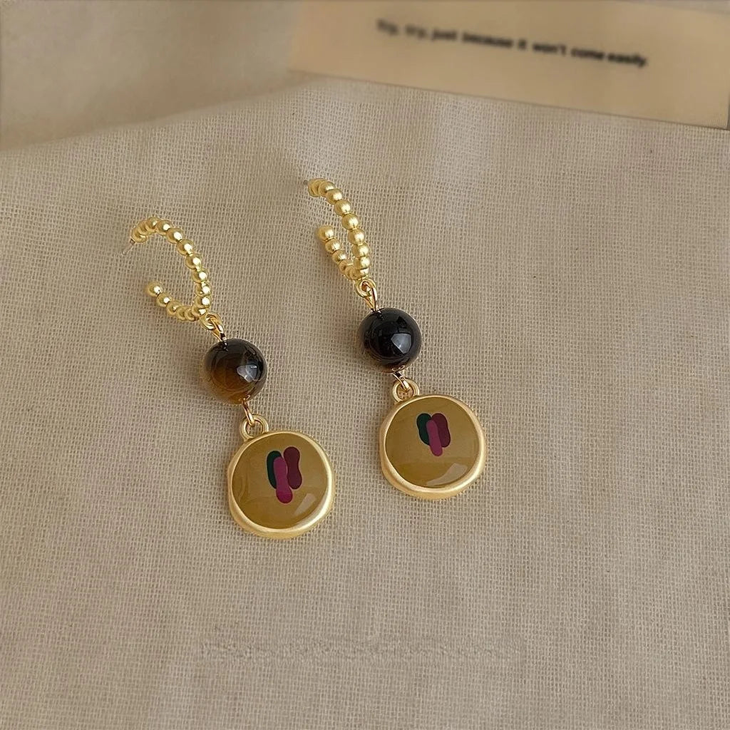 Vintage Oil Painting Style Tiger Eye Stone Enamel Geometric Long Drop Earrings for Women
