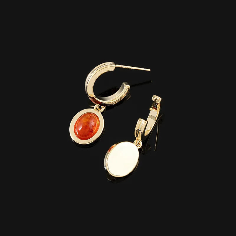 Elegant Orange Resin Oval Pendant C Hoop Alloy Stud & Clip On No Piercing New Chinese Style Earrings