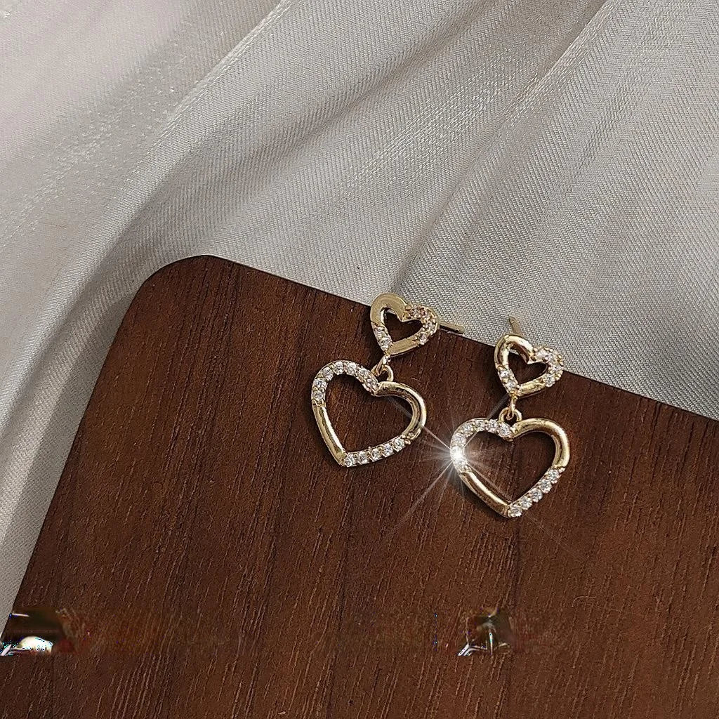 Versatile Copper Micro Pave Zircon Hollow Double Heart Stud Earrings With Silver Plated Pins