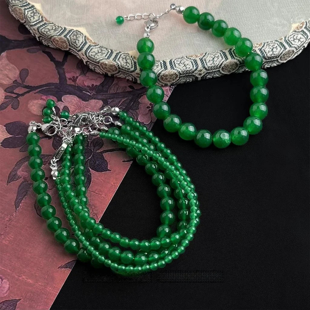 Natural Green Chalcedony Beaded Bracelet New Chinese Geometric Round Vintage Jewelry