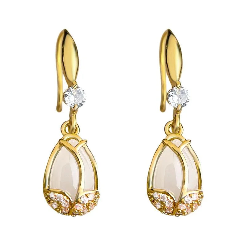 French Vintage Tulip Drop Earrings Copper Micro Pave Zircon Teardrop Glass Crystal Floral Jewelry