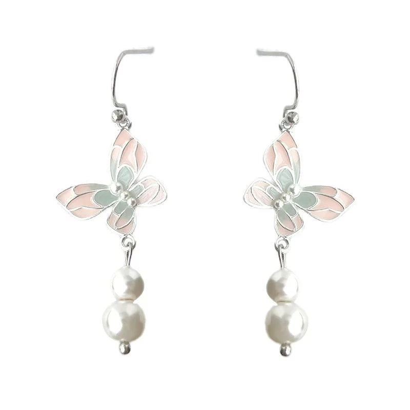 Fresh Sweet Long Pink Butterfly Tassel Drop Earrings Copper New Chinese Style Handmade Jewelry