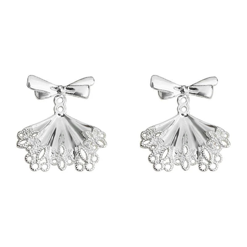 Sweet Korean Silver Bow Copper Drop Earrings 2 Way Ballet Girl Light Luxury Stud Earrings