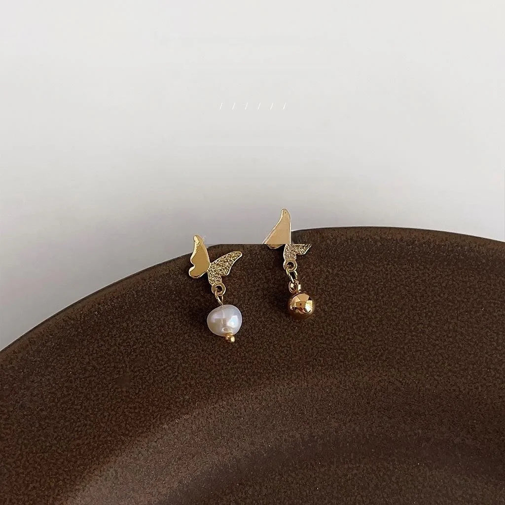 14K Plated Copper Freshwater Pearl Butterfly Stud Earrings Sweet Handmade Jewelry