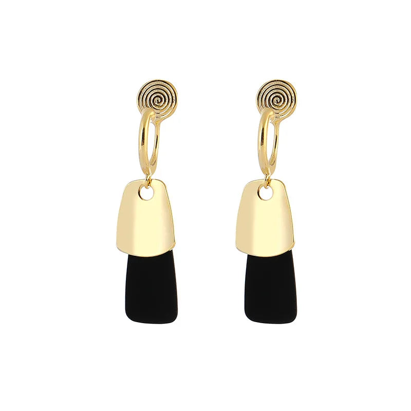 Elegant Contrast Color Geometric Black Enamel Gold Alloy Dangle Stud & Clip On No Piercing Earrings