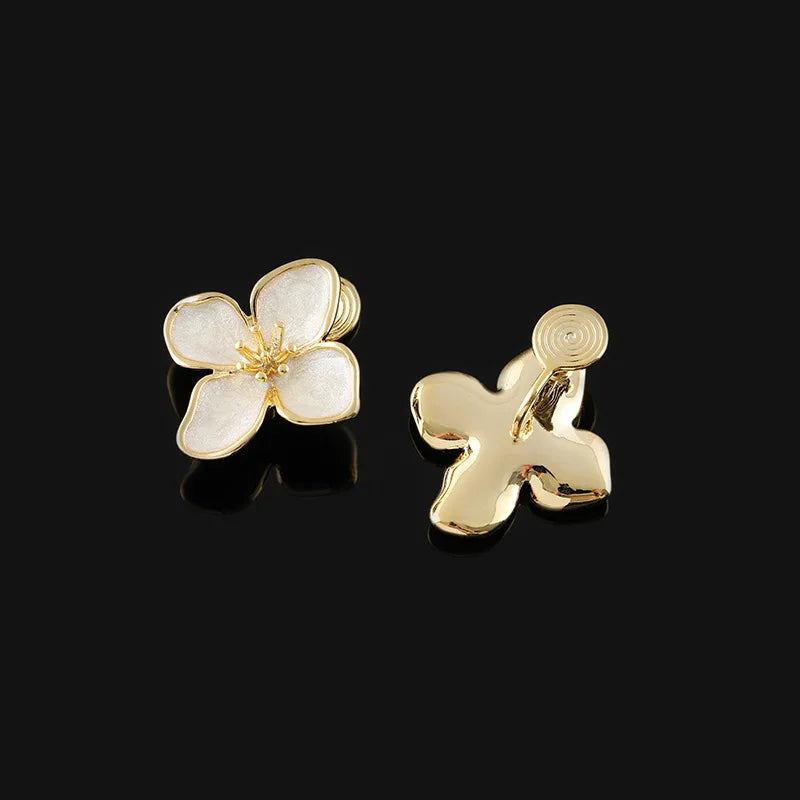 Elegant French Gold Tone Floral Enamel Alloy Stud & Clip On No Piercing Sweet Blossom Jewelry Earrings