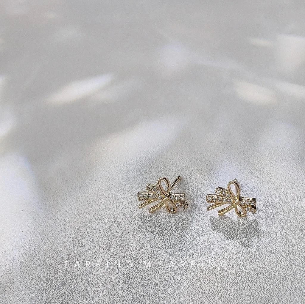 Mini 14K Plated Zircon Bow Stud Earrings, Korean Japanese Minimalist Jewelry