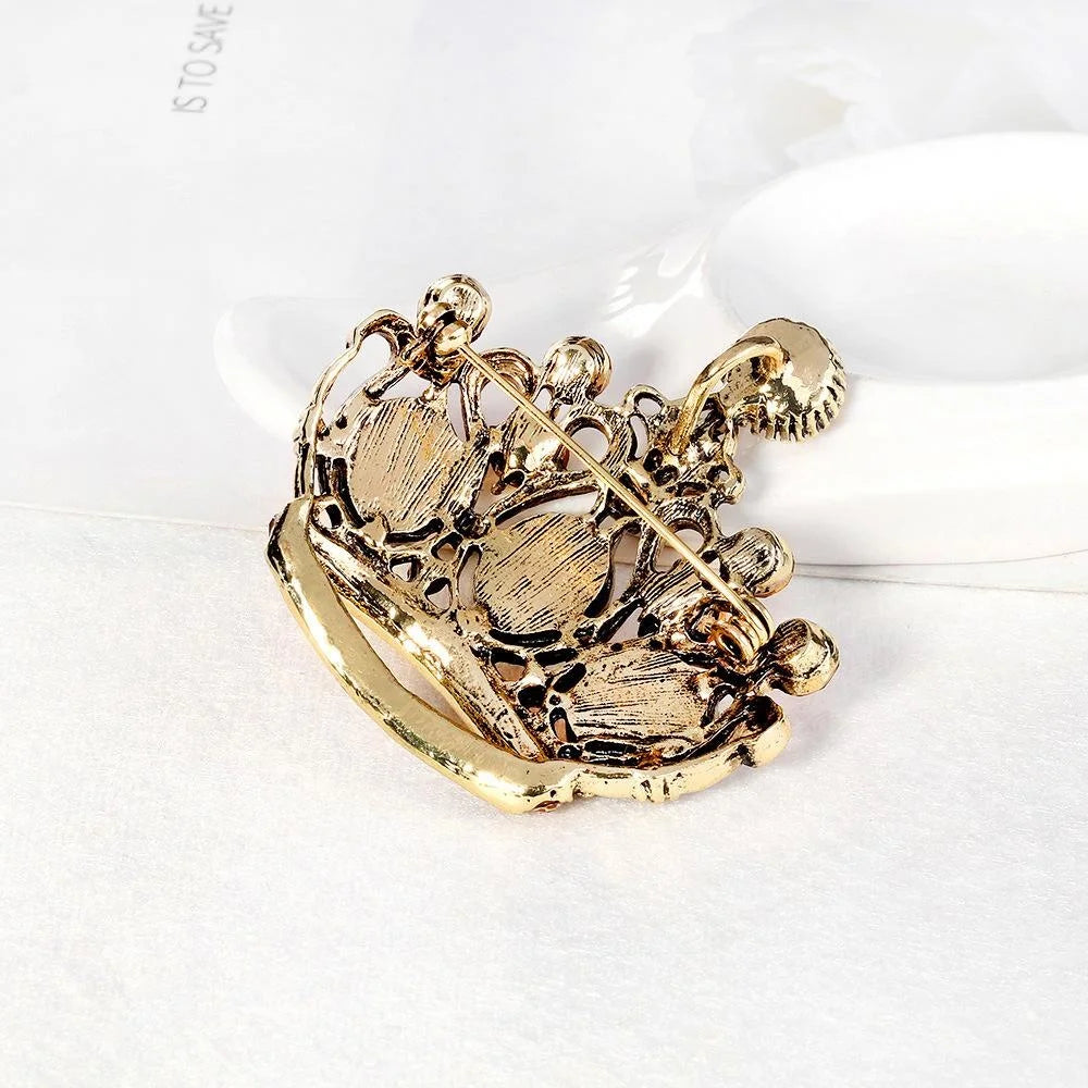 Vintage Hollow Crown Brooch With Amber Rhinestones, Elegant Alloy Lapel Pin For Suits And Gifts