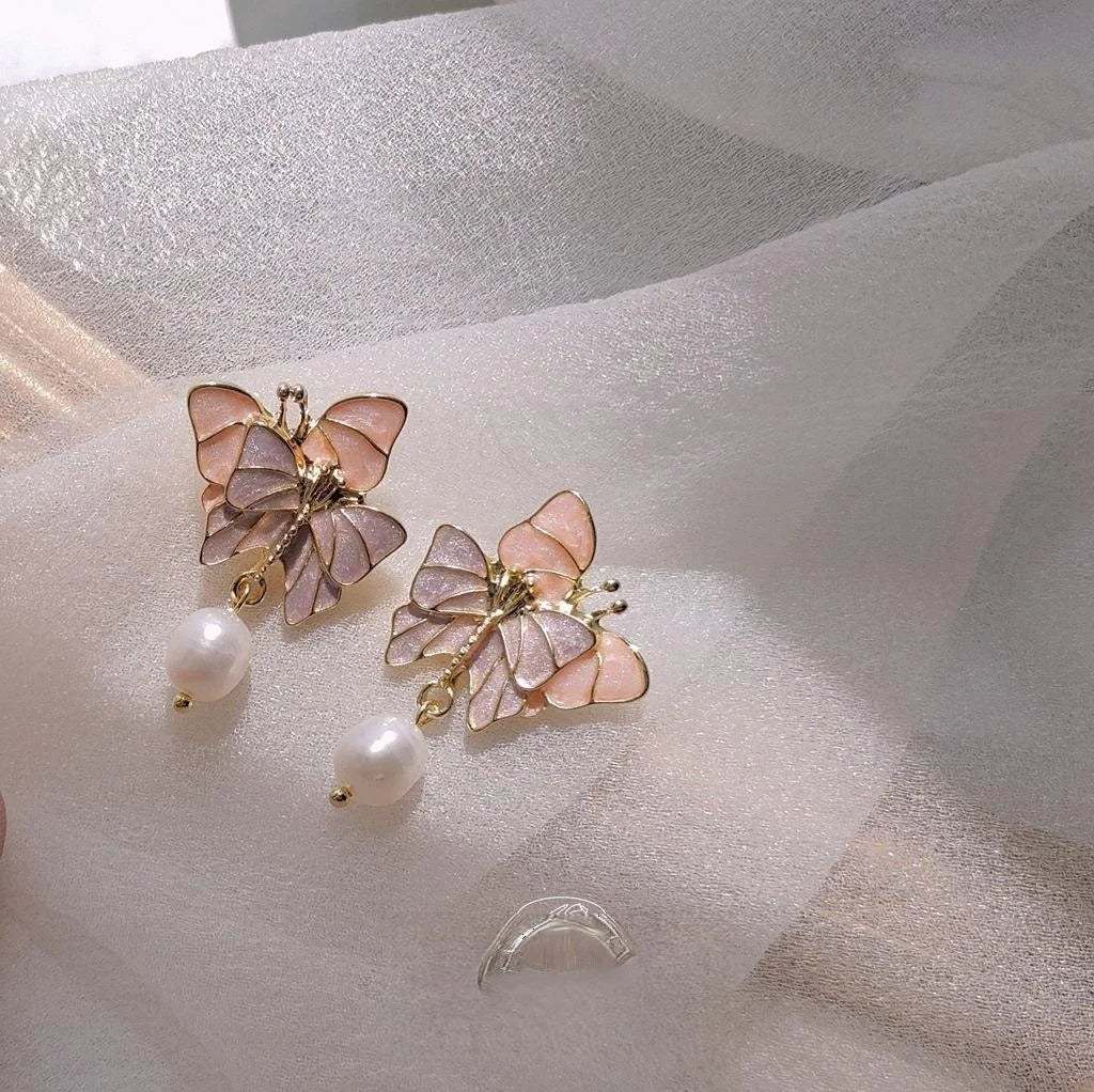 Sweet Purple Butterfly Freshwater Pearl Drop Earrings With Silver Plated Pins Alloy Jewelry