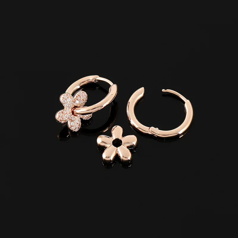 Elegant Rose Gold Rhinestone Flower Spiral Hoop Stud & Clip On No Piercing Women's Fashion Earrings