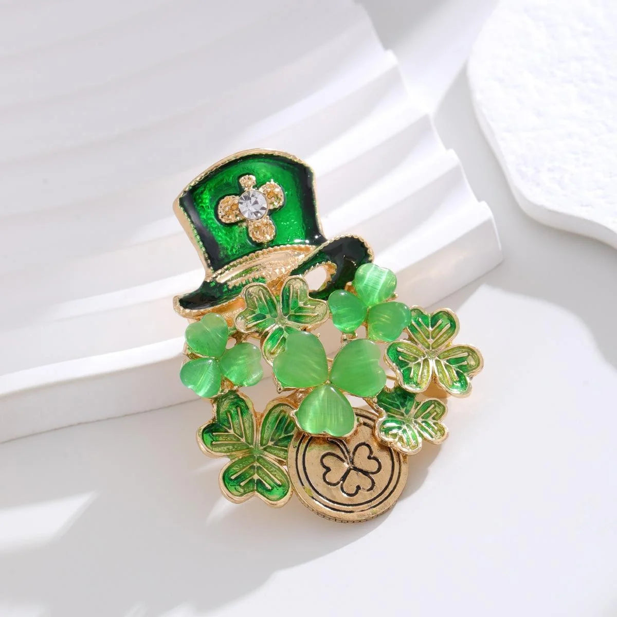 Elegant Green Shamrock Top Hat Enamel Rhinestone Alloy Brooch, Lucky Clover Lapel Pin Gift