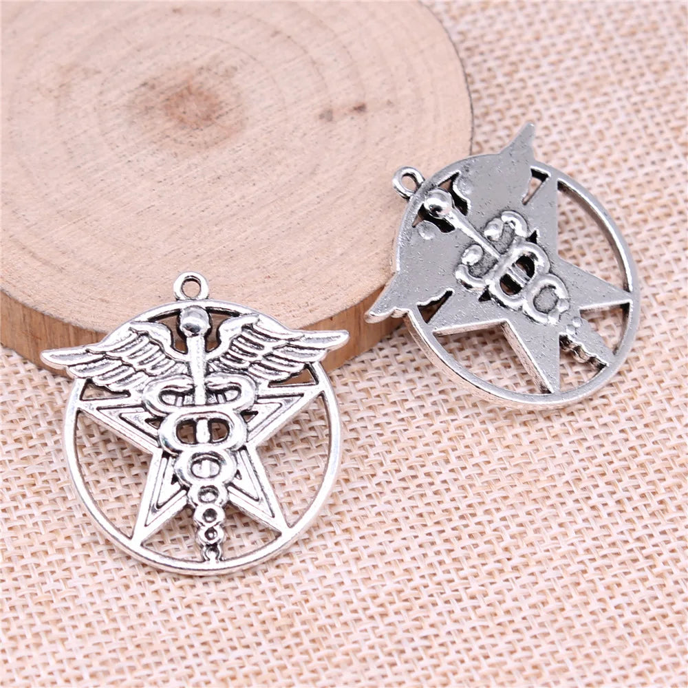 33x33mm 7.85g Antique Silver Tone Zinc Alloy Medical Staff Five Point Star Charm Pendant for DIY Jewelry