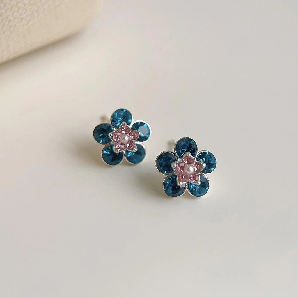 Peacock Blue Rhinestone Flower Stud Earrings Copper Pearl Silver Plated Pin Light Luxury Vintage
