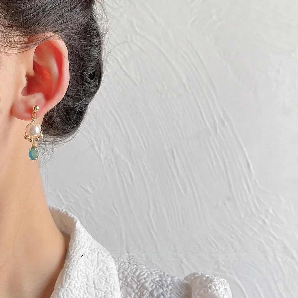 Forest Style Round Glass Cat Eye Stone Stud Earrings 14K Plated Copper Geometric Jewelry