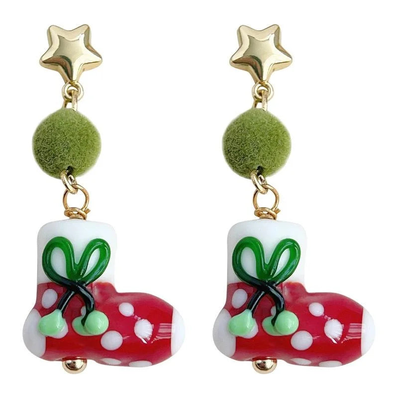 Original Design Handmade Christmas Glass Glaze Copper Stocking Drop Earrings