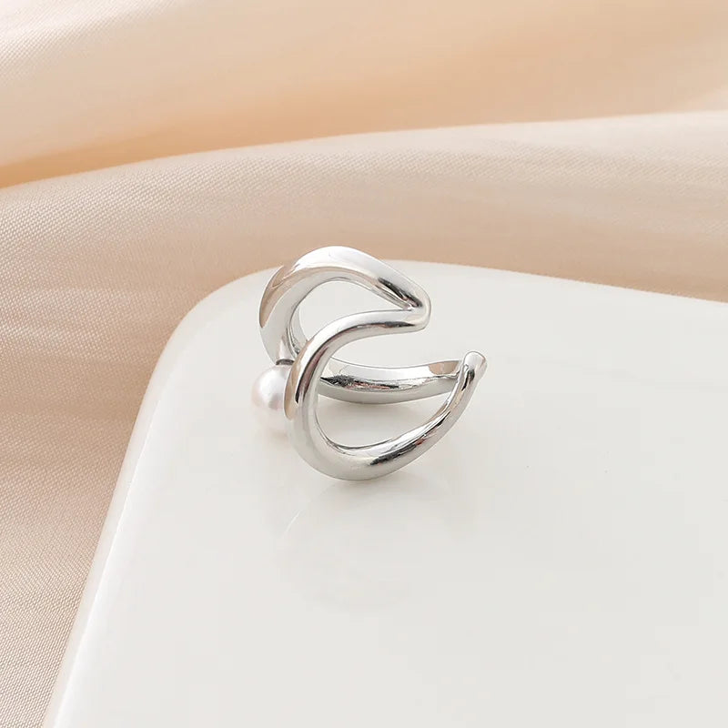 Elegant Minimalist Pearl Double Hoop Ear Cuff Alloy Metal Line Stud & Clip On No Piercing Earrings