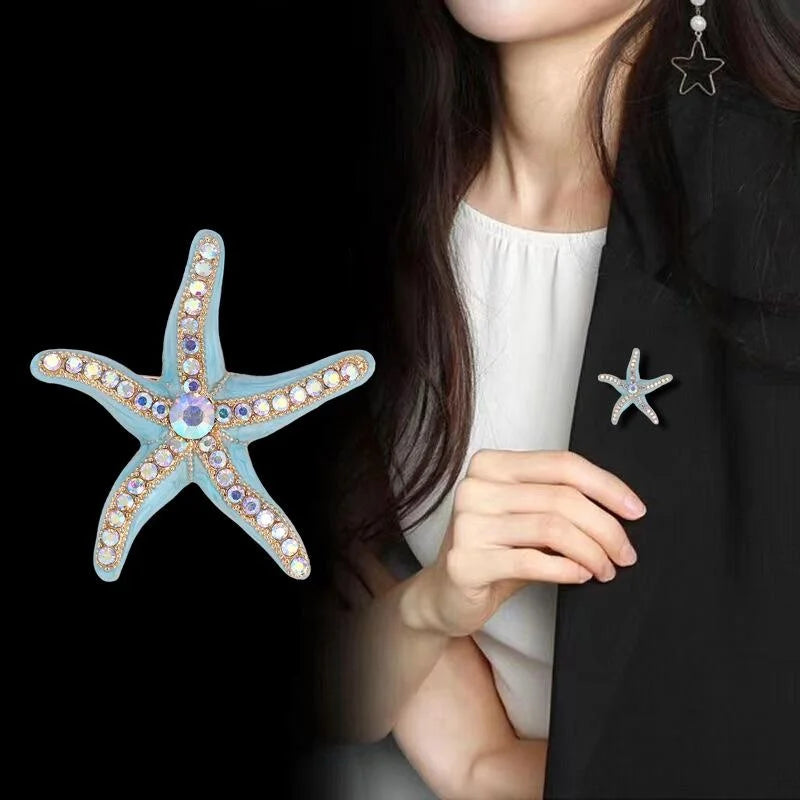 Elegant Blue Enamel Starfish Brooch With Aurora Rhinestones, Gold Tone Alloy Lapel Pin Corsage Gift