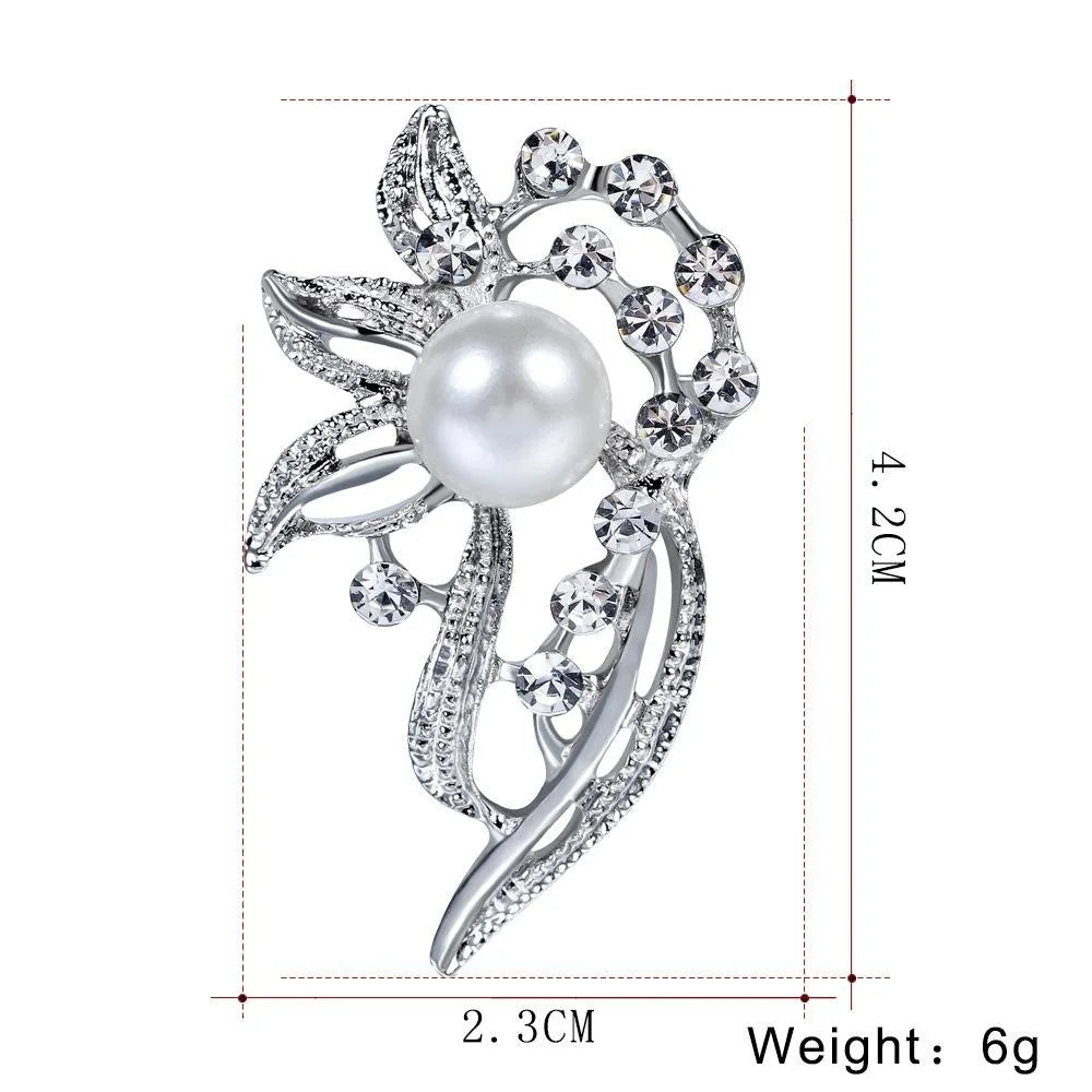 Elegant Pearl Rhinestone Leaf Brooch For Women, Silver Alloy Lapel Pin Corsage Suit Accessory Gift