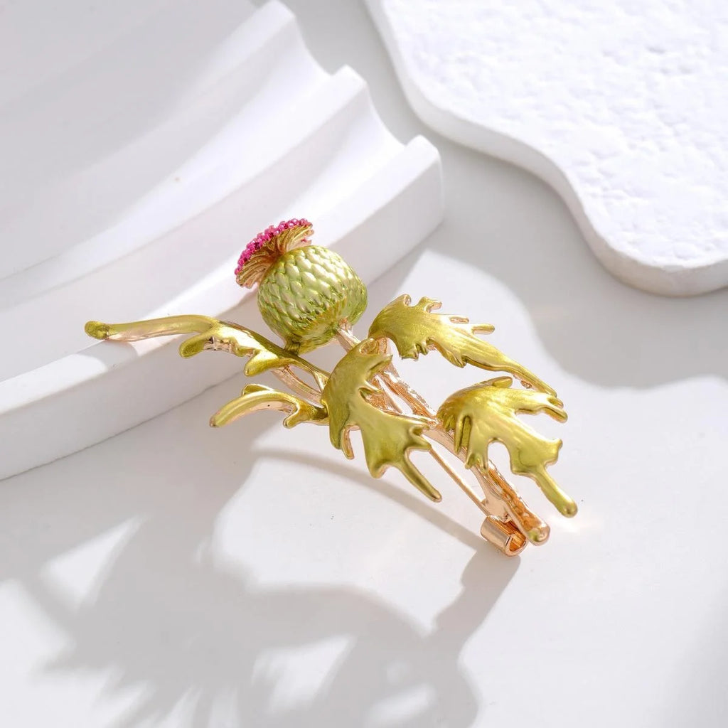 Elegant Enamel Thistle Flower Brooch With Green Leaves, Alloy Floral Lapel Pin Corsage Suit Accessory